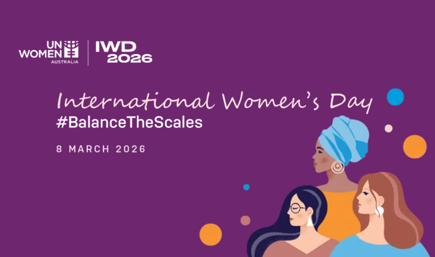 International Women's Day March 2026 - Balance The Scales purple banner