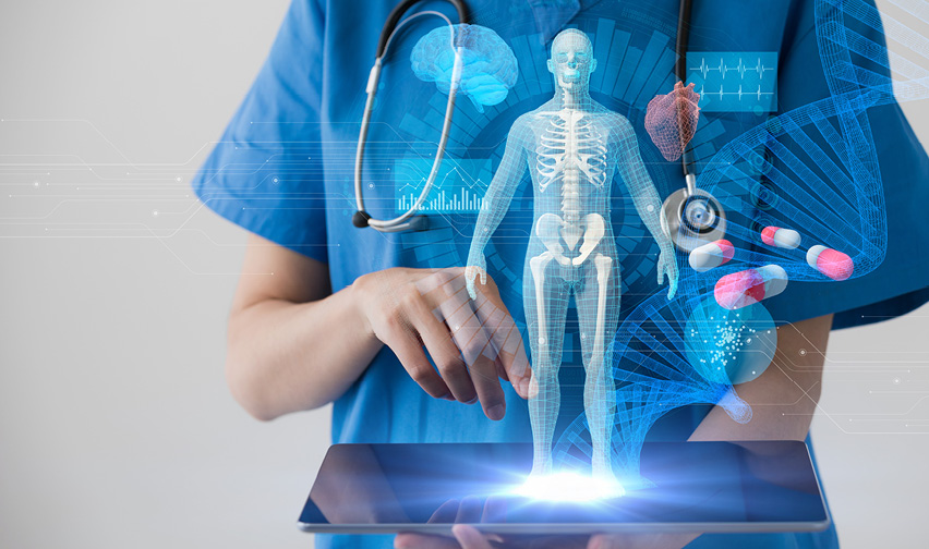 medical professional with skeleton hologram