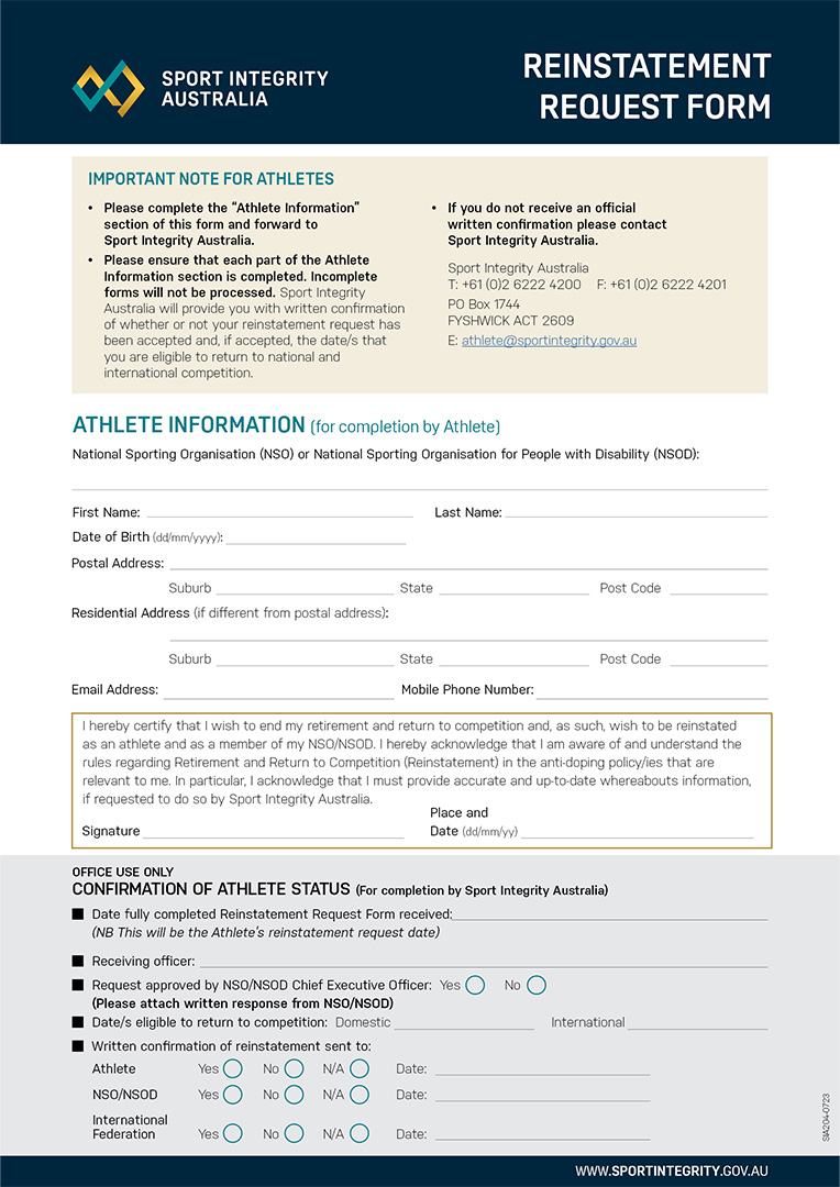 Athlete reinstatement form (whereabouts)