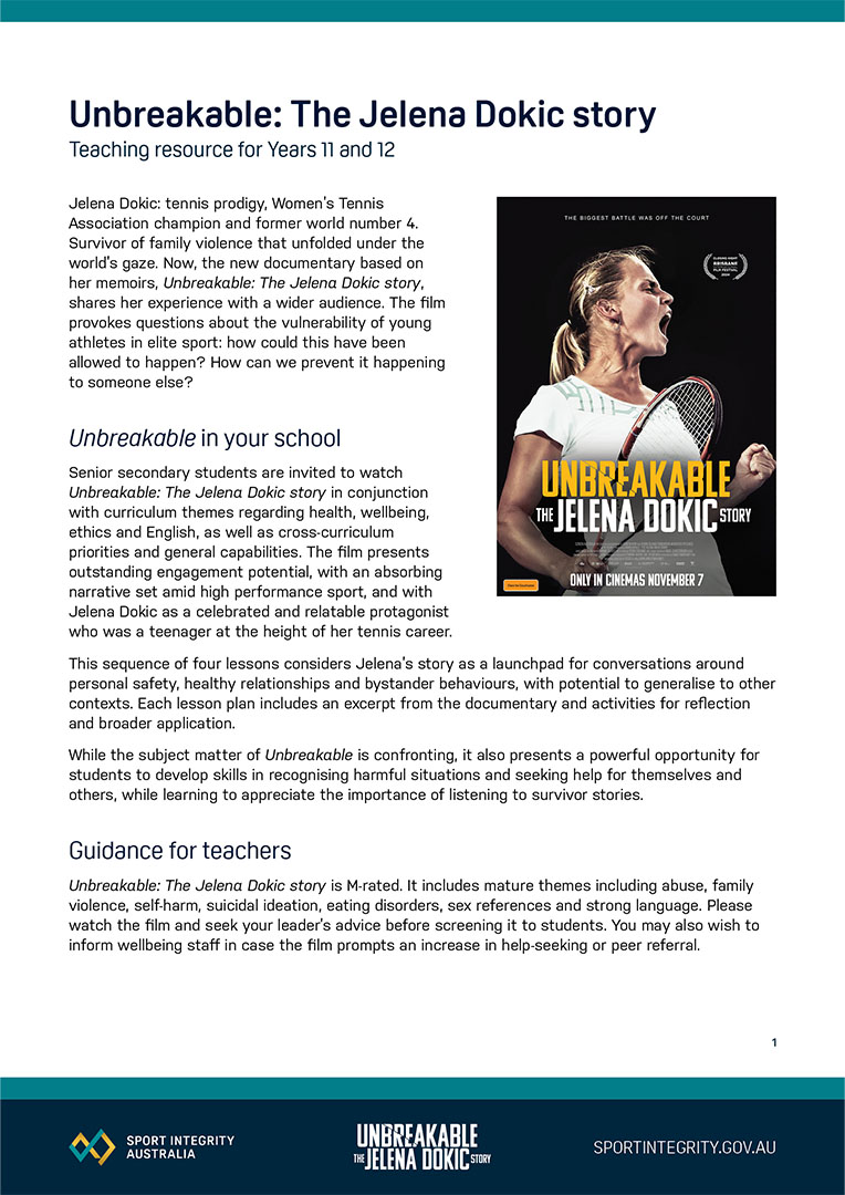 Jelena Dokic documentary teaching resources