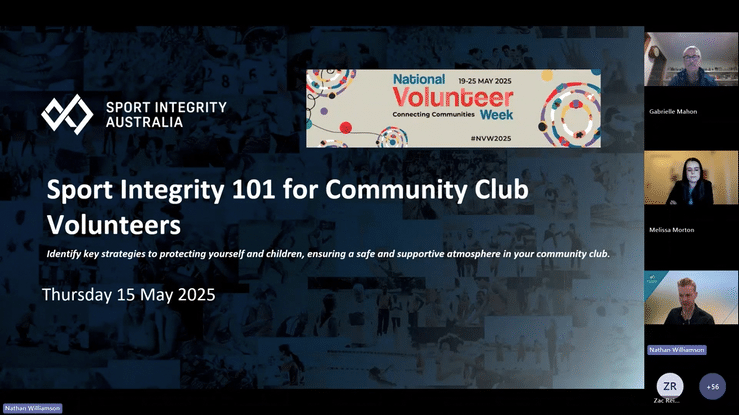 Sport Integrity 101 for Community Club Volunteers webinar with presenters