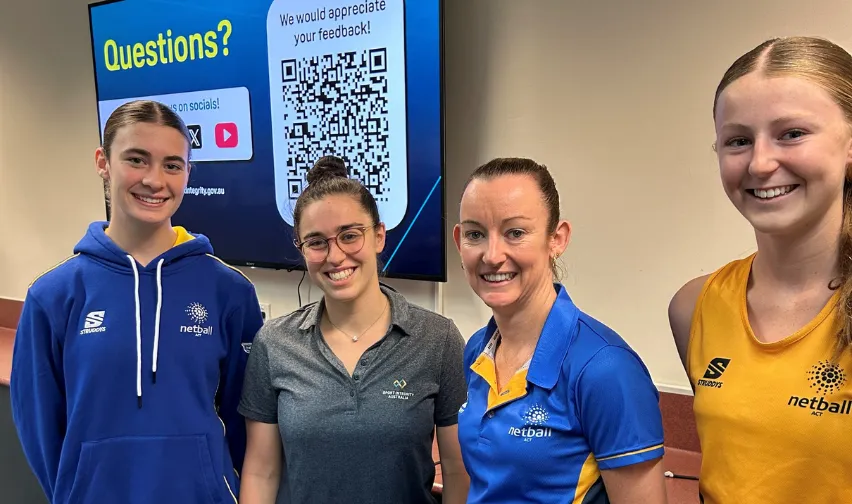 SIA Educator Deb Greenbaum following an education with Netball ACT state squad members.