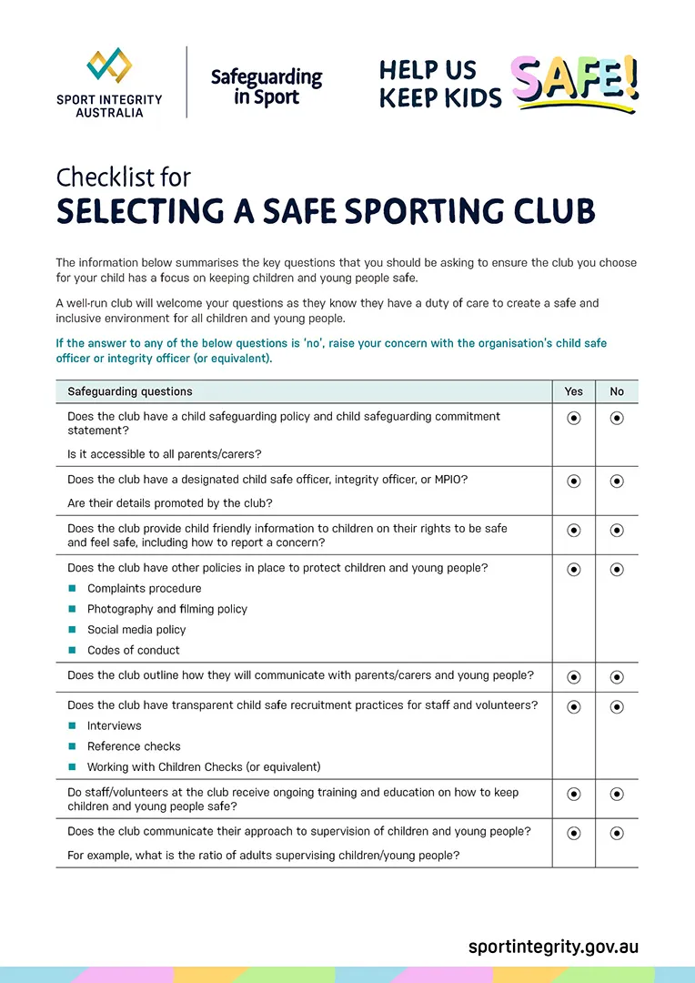 Checklist for selecting a safe sporting club for your child