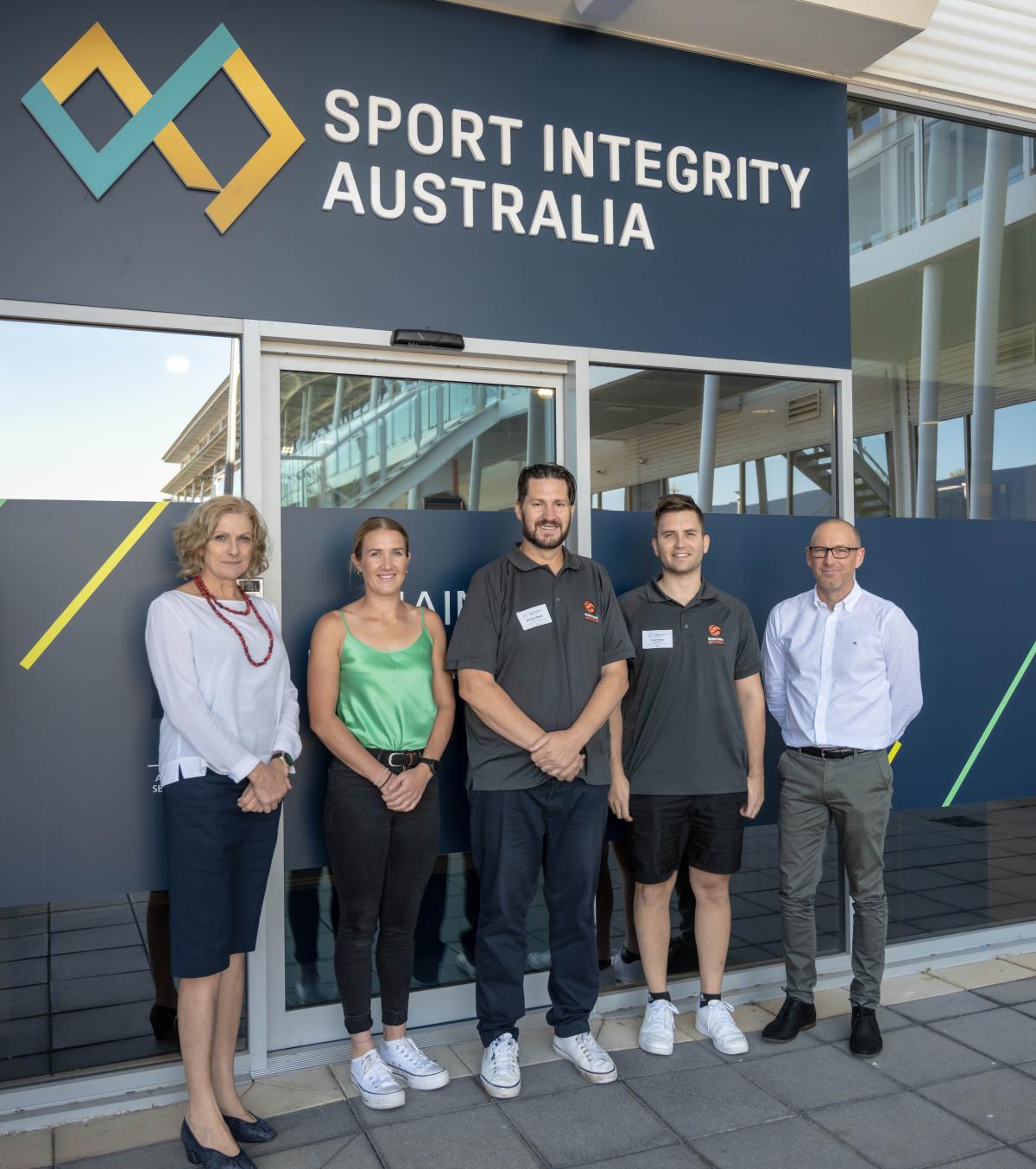 (L-R) Sport Integrity Australia's Director of Sport Partnerships Linda Muir, Basketball Australia Integrity Officer Brooke Howarth, Basketball Australia Head of Integrity Damien Morris, Integrity Officer - NBL & Basketball Australia Trent Parker and SIA Partnership Manager Craig Beed.