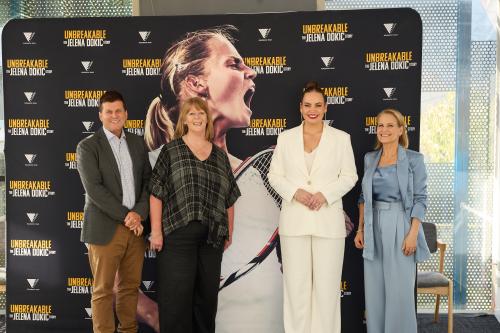 Dr Paul Oliver, Janise Mitchell, Jelena Dokic and Shaynna Blaze standing in front of a media wall.