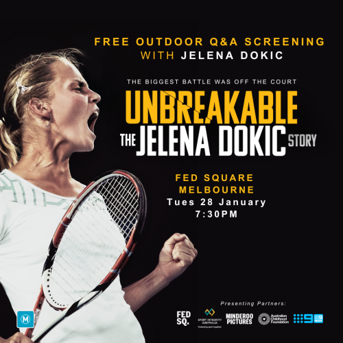 decorative - event details with image of Jelena Dokic playing tennis