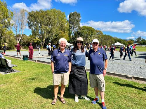 Jeff Langdon Petanque Federation Australia Director with Sport Partnership Manager Emma Lapin from Sport Integrity Australia with Roger Maddern Petanque Federation Australia President