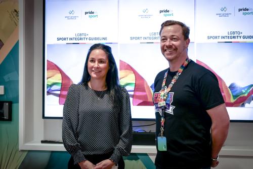 Sport Integrity Australia CEO Dr Sarah Benson and Pride in Sport Senior Relationship Manager, Ben Cork