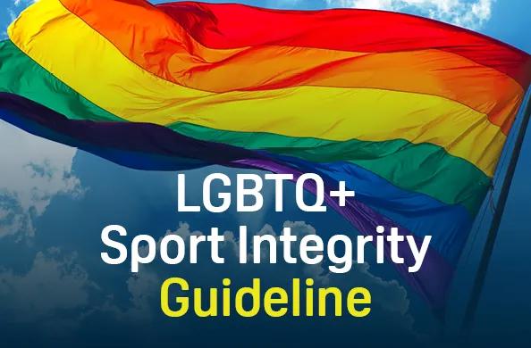 lgbtq+ sport integrity guideline infront of rainbow flag
