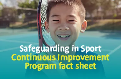 Safeguarding in sport continuous program fact sheet - child smiling with a tennis racquet