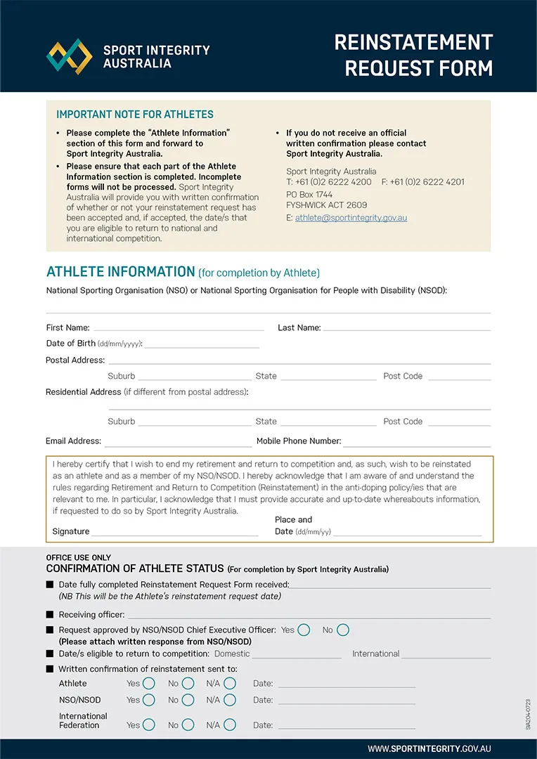 Athlete reinstatement form (whereabouts)