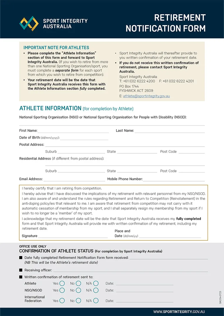 Athlete retirement form (Whereabouts)