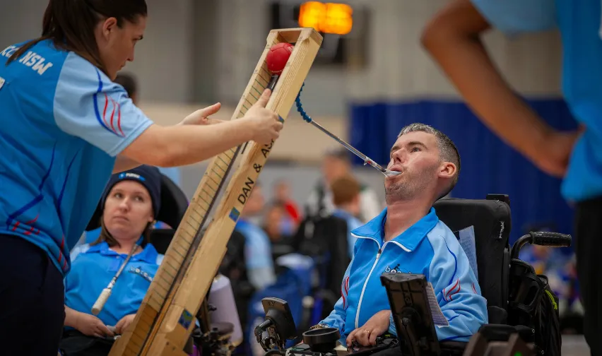 Paralympic boccia players Dan Michel (front), and Jamieson Leeson (back) competing together at the 2025 Boccia Australia National Titles