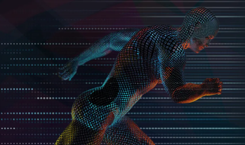 Colourful computer generated image of human body sprinting forward