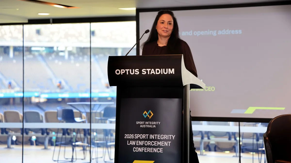 Dr Sarah Benson PSM, addresses the 2026 Sport Integrity Law Enforcement Conference at Optus Stadium, Perth WA