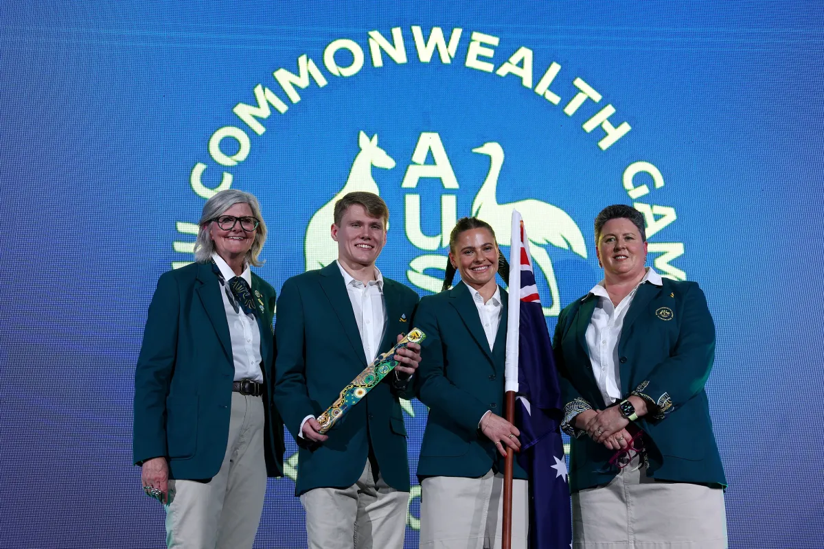 GLASGOW, SCOTLAND - JULY 22: Her Excellency, The Honourable Sam Mostyn AC, Governor-General of Australia, Tim Hodge OAM, Baton Bearer of Team Australia, Nina Kennedy OAM, Flag Bearer of Team Australia, and Petria Thomas, OAM OLY, Chef de Mission, pose for a photo during an Australia Reception ahead of the Glasgow 2026 Commonwealth Games at Bridge Gardens on July 22, 2026 in Glasgow, Scotland