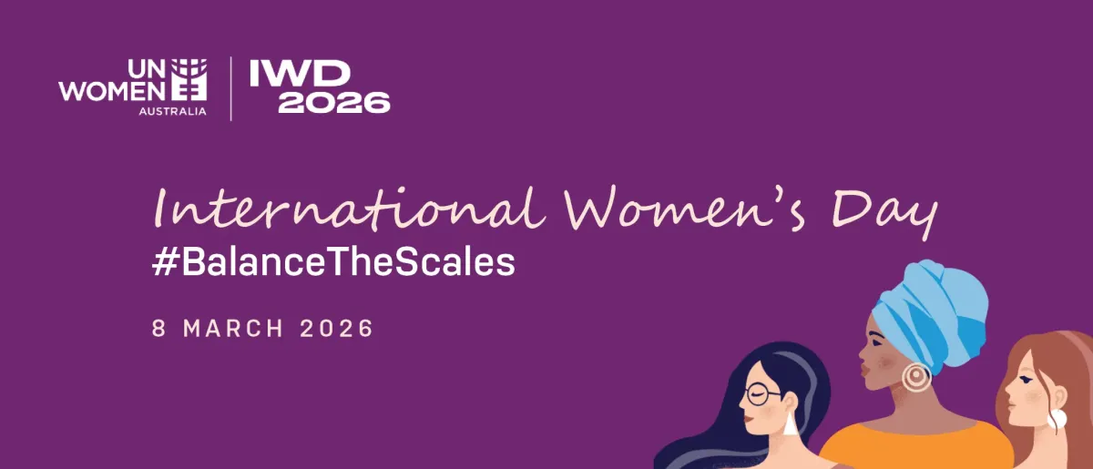 International Women's Day March 2026 - Balance The Scales purple banner