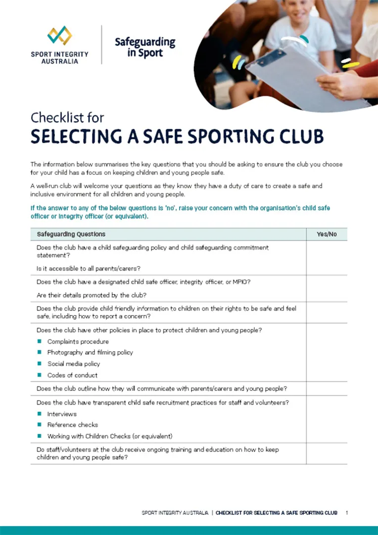 checklist for a safe sporting club