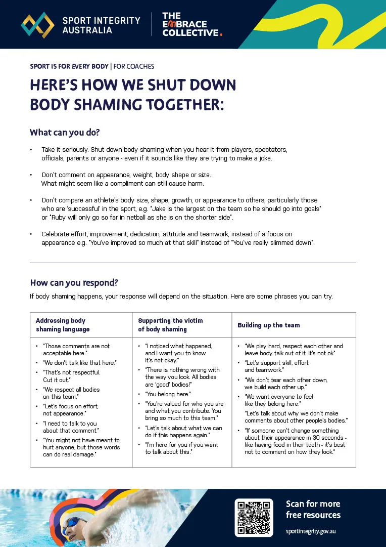 How we shut down body shaming together, factsheet for coaches