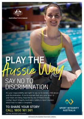 Play the Aussie Way. Say no to discrimination. Featuring Ellie Cole, Paralympic gold medallist