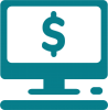 A teal coloured desktop computer with a $ symbol on the screen